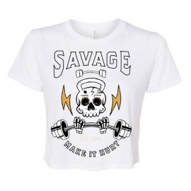 SAVAGE BARBELL - Women Crop TEE "MAKE IT HURT" White